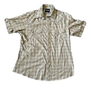 Vintage Wrangler Western Plaid Short-Sleeve Shirt S Beige/Brown Pearl Snaps Pock